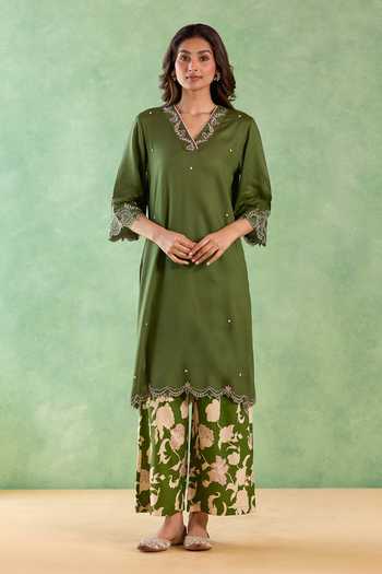 Nero India Moss Petal Scallop Kurta & Flared Pant Set 