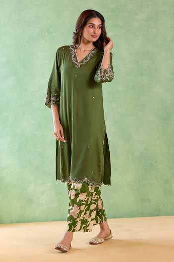 Shop Nero India Green Cotton Embroidery V-neck Moss Petal Scallop Kurta And Flared Pant Set Online at Aza Fashions Shop_Nero India_Green Cotton Embroidery V-neck Moss Petal Scallop Kurta And Flared Pant Set _Online_at_Aza_Fashions