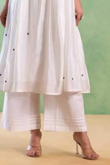 Nero India_White Cotton, Chanderi Machine Embroidery Petal Kurta And Wide-leg Pant Set _Online_at_Aza_Fashions