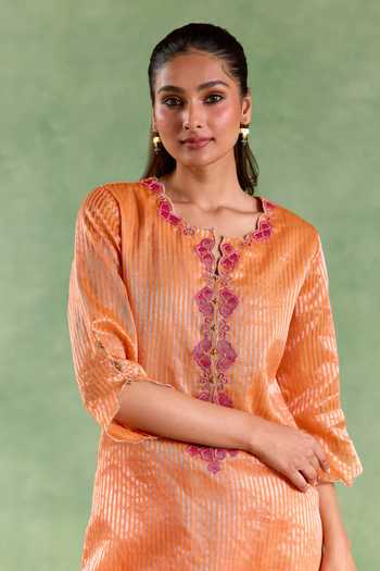 Nero India Orange Chanderi, Cambric Zari Round Neck, Yes Scallop Kurta And Narrow Pant Set Online at Aza Fashions Nero India_Orange Chanderi, Cambric Zari Round Neck, Yes Scallop Kurta And Narrow Pant Set _Online_at_Aza_Fashions