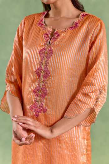 Buy Nero India Orange Chanderi, Cambric Zari Round Neck, Yes Scallop Kurta And Narrow Pant Set Online at Aza Fashions Buy_Nero India_Orange Chanderi, Cambric Zari Round Neck, Yes Scallop Kurta And Narrow Pant Set _Online_at_Aza_Fashions