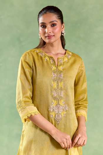 Shop_Nero India_Green Chanderi, Cambric Embroidery, Applique Kurta And Narrow Pant Set _Online_at_Aza_Fashions