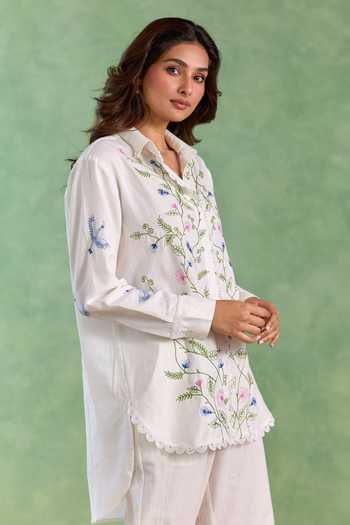 Nero India_Pink Linen Embroidery Collared Floral Top And Pant Set _Online_at_Aza_Fashions