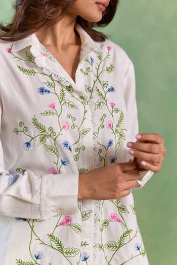 Buy_Nero India_Pink Linen Embroidery Collared Floral Top And Pant Set _Online_at_Aza_Fashions