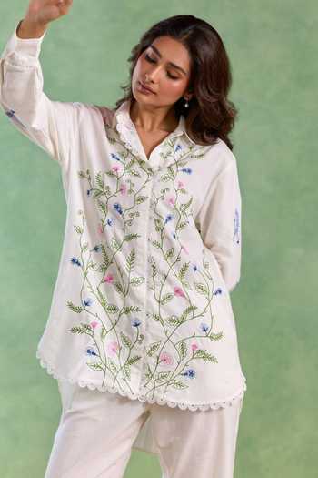 Shop_Nero India_Pink Linen Embroidery Collared Floral Top And Pant Set _Online_at_Aza_Fashions