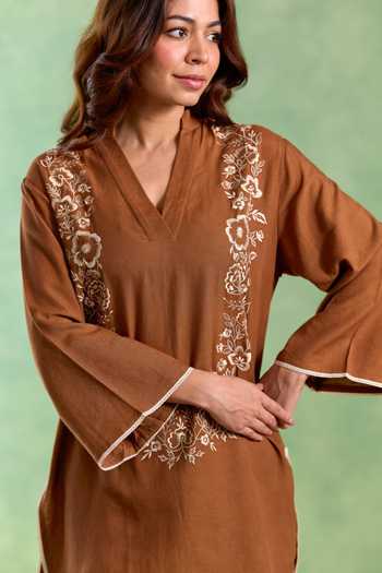 Shop_Nero India_Brown Linen Embroidery V-neck Bloom Top And Pant Set _Online_at_Aza_Fashions