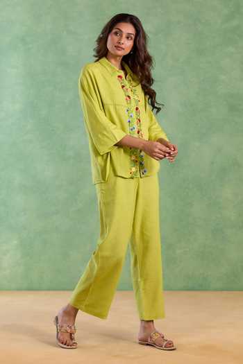 Buy_Nero India_Lime Linen Embroidery Collared Flora Shirt And Pant Set _Online_at_Aza_Fashions