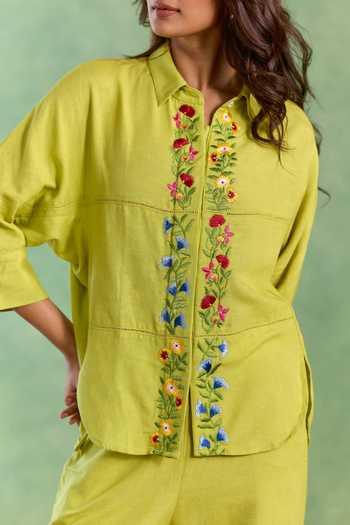 Shop_Nero India_Lime Linen Embroidery Collared Flora Shirt And Pant Set _Online_at_Aza_Fashions