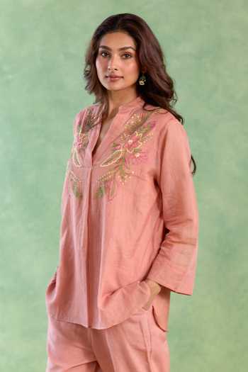 Nero India_Pink Chanderi, Linen Embroidery, Beads Mandarin Collar Old Lotus Top And Pant Set _Online_at_Aza_Fashions