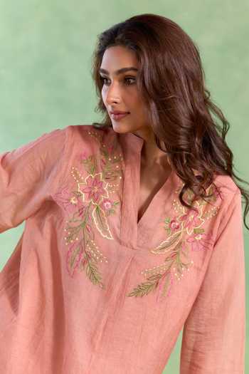 Buy_Nero India_Pink Chanderi, Linen Embroidery, Beads Mandarin Collar Old Lotus Top And Pant Set _Online_at_Aza_Fashions