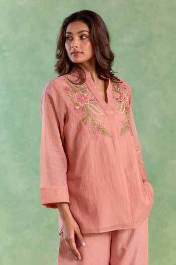 Shop_Nero India_Pink Chanderi, Linen Embroidery, Beads Mandarin Collar Old Lotus Top And Pant Set _Online_at_Aza_Fashions