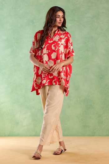 Nero India_Red Cotton, Linen Pearls Split V-neck Blossom Print Top And Pant Set _Online_at_Aza_Fashions