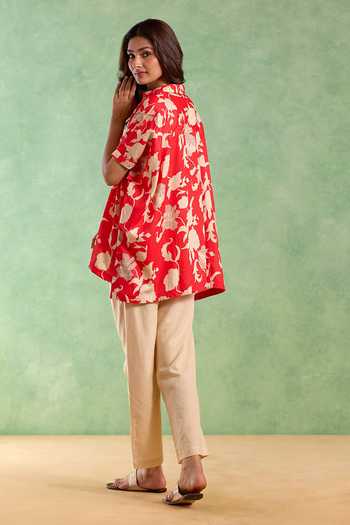 Buy_Nero India_Red Cotton, Linen Pearls Split V-neck Blossom Print Top And Pant Set _Online_at_Aza_Fashions