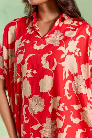 Shop_Nero India_Red Cotton, Linen Pearls Split V-neck Blossom Print Top And Pant Set _Online_at_Aza_Fashions