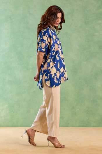 Nero India_Blue Cotton, Linen Collared Blossom Print Top And Pant Set _Online_at_Aza_Fashions