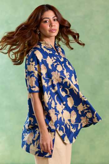 Shop_Nero India_Blue Cotton, Linen Collared Blossom Print Top And Pant Set _Online_at_Aza_Fashions
