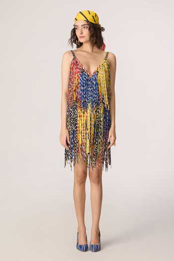 Saaksha & Kinni_Multi Color Silk, Cotton, Crepe, Chiffon Tassels, Fringe V-neck Rico Mini Dress _Online_at_Aza_Fashions