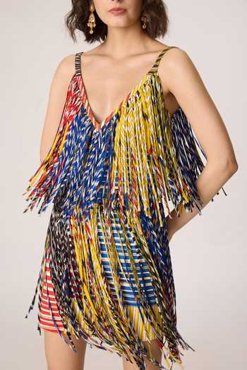 Buy_Saaksha & Kinni_Multi Color Silk, Cotton, Crepe, Chiffon Tassels, Fringe V-neck Rico Mini Dress _Online_at_Aza_Fashions