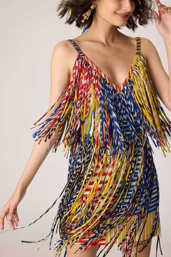 Shop_Saaksha & Kinni_Multi Color Silk, Cotton, Crepe, Chiffon Tassels, Fringe V-neck Rico Mini Dress _Online_at_Aza_Fashions