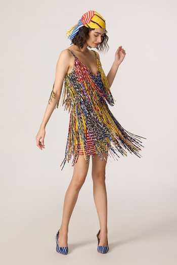 Saaksha & Kinni_Multi Color Silk, Cotton, Crepe, Chiffon Tassels, Fringe V-neck Rico Mini Dress _at_Aza_Fashions