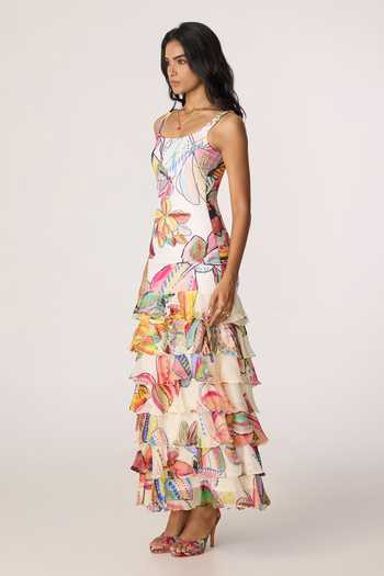 Saaksha & Kinni_Multi Color Chiffon, Jersey Ruffles Scoop Neck Greta Floral Pattern Dress _Online_at_Aza_Fashions