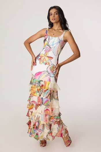 Buy_Saaksha & Kinni_Multi Color Chiffon, Jersey Ruffles Scoop Neck Greta Floral Pattern Dress _Online_at_Aza_Fashions