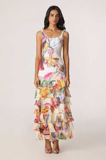 Shop_Saaksha & Kinni_Multi Color Chiffon, Jersey Ruffles Scoop Neck Greta Floral Pattern Dress _Online_at_Aza_Fashions