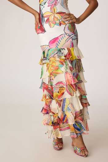 Saaksha & Kinni_Multi Color Chiffon, Jersey Ruffles Scoop Neck Greta Floral Pattern Dress _at_Aza_Fashions