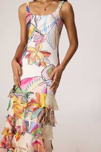 Buy_Saaksha & Kinni_Multi Color Chiffon, Jersey Ruffles Scoop Neck Greta Floral Pattern Dress 