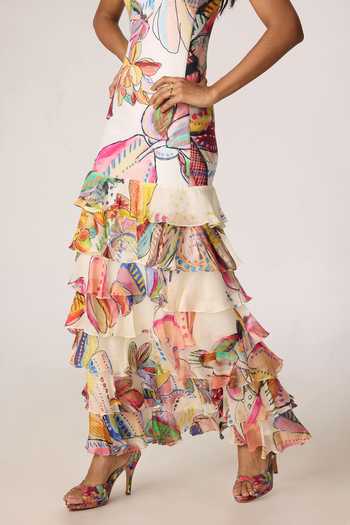 Shop_Saaksha & Kinni_Multi Color Chiffon, Jersey Ruffles Scoop Neck Greta Floral Pattern Dress 