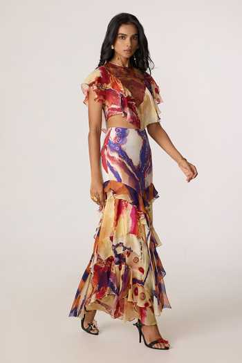 Shop_Saaksha & Kinni_Multi Color Satin, Chiffon, Jersey, Twill Marieya Printed Skirt 