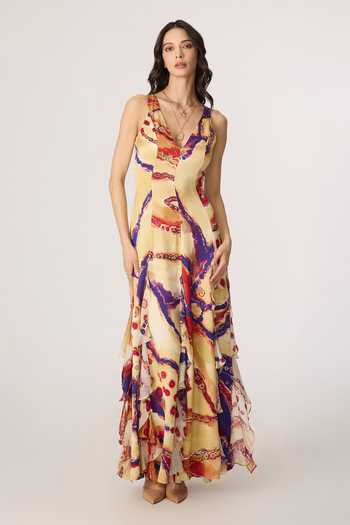 Saaksha & Kinni_Multi Color Satin, Chiffon, Twill V-neck Meherin Maxi Dress _Online_at_Aza_Fashions