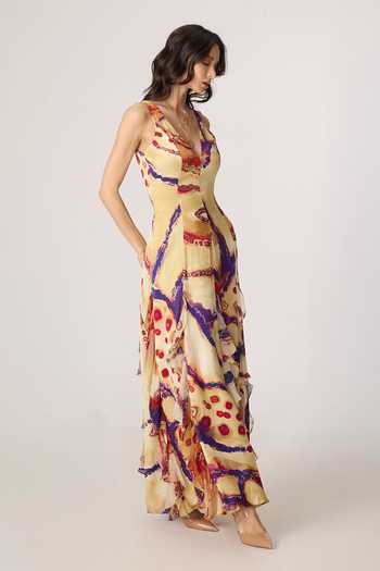 Saaksha & Kinni_Multi Color Satin, Chiffon, Twill V-neck Meherin Maxi Dress _at_Aza_Fashions