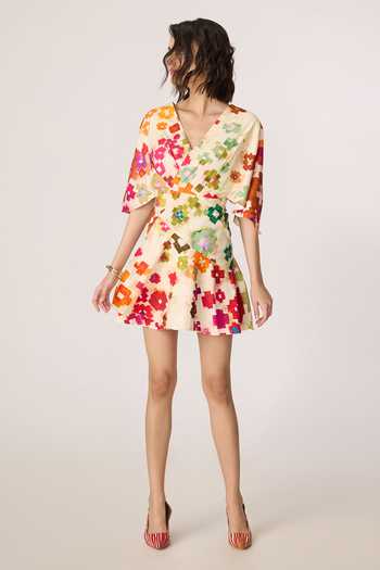 Saaksha & Kinni_Multi Color Cotton V-neck Selia Short Dress _Online_at_Aza_Fashions