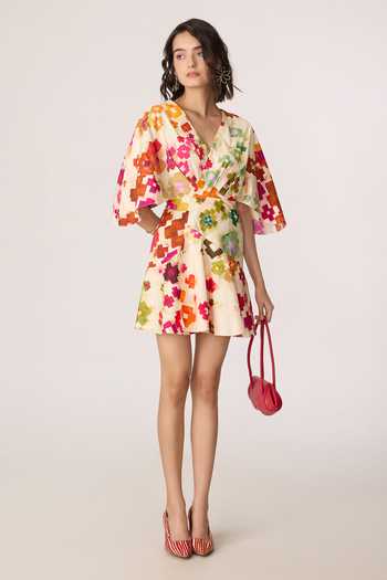 Shop_Saaksha & Kinni_Multi Color Cotton V-neck Selia Short Dress _Online_at_Aza_Fashions