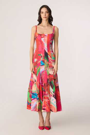 Saaksha & Kinni_Pink Cotton Square Neck Enola Print Pleated Midi Dress _Online_at_Aza_Fashions