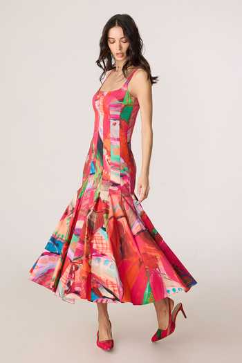 Buy_Saaksha & Kinni_Pink Cotton Square Neck Enola Print Pleated Midi Dress _Online_at_Aza_Fashions