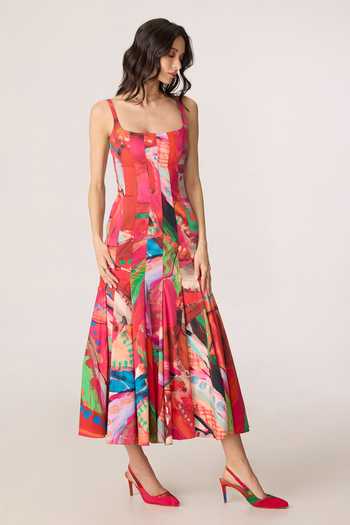 Shop_Saaksha & Kinni_Pink Cotton Square Neck Enola Print Pleated Midi Dress _Online_at_Aza_Fashions