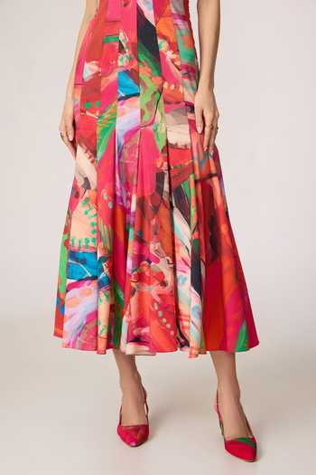 Saaksha & Kinni_Pink Cotton Square Neck Enola Print Pleated Midi Dress _at_Aza_Fashions