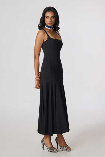 Saaksha & Kinni Black Cotton, Lycra Square Neck Enola Sleeveless Pleated Hem Dress Online at Aza Fashions Saaksha & Kinni_Black Cotton, Lycra Square Neck Enola Sleeveless Pleated Hem Dress _Online_at_Aza_Fashions