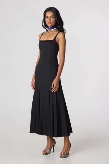 Shop Saaksha & Kinni Black Cotton, Lycra Square Neck Enola Sleeveless Pleated Hem Dress Online at Aza Fashions Shop_Saaksha & Kinni_Black Cotton, Lycra Square Neck Enola Sleeveless Pleated Hem Dress _Online_at_Aza_Fashions