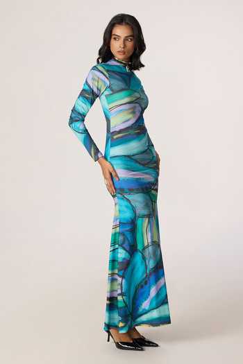 Saaksha & Kinni_Multi Color Lycra High Neck Lana Print Dress _Online_at_Aza_Fashions