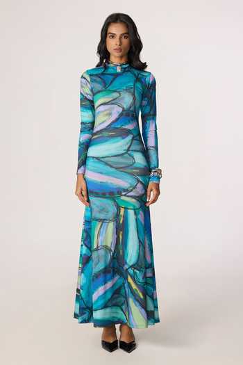Saaksha & Kinni_Multi Color Lycra High Neck Lana Print Dress _at_Aza_Fashions