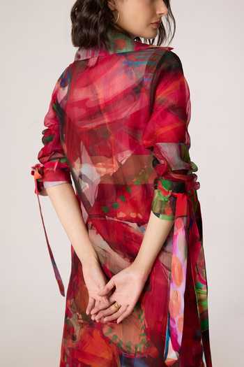 Buy_Saaksha & Kinni_Pink Silk Organza Collared Belen Printed Trench Coat 