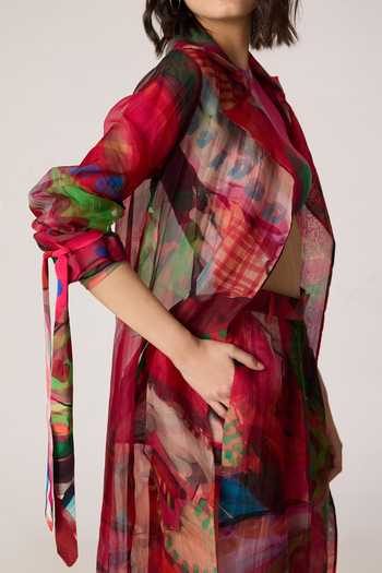Shop_Saaksha & Kinni_Pink Silk Organza Collared Belen Printed Trench Coat 