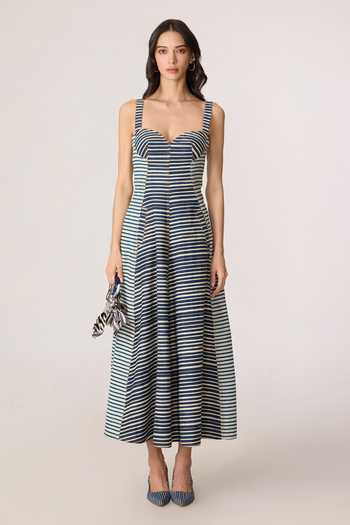 Saaksha & Kinni_Grey Denim Sweetheart Neck Fia Pattern Sleeveless Dress _Online_at_Aza_Fashions