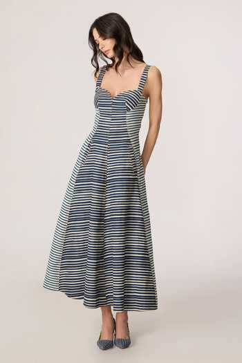 Shop_Saaksha & Kinni_Grey Denim Sweetheart Neck Fia Pattern Sleeveless Dress _Online_at_Aza_Fashions