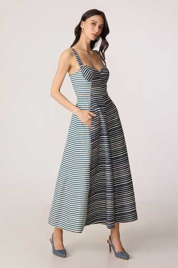 Saaksha & Kinni_Grey Denim Sweetheart Neck Fia Pattern Sleeveless Dress _at_Aza_Fashions