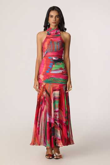 Saaksha & Kinni_Pink Chiffon, Jersey Halter Neck Gemma Pattern Maxi Dress _Online_at_Aza_Fashions