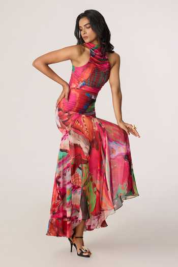 Buy_Saaksha & Kinni_Pink Chiffon, Jersey Halter Neck Gemma Pattern Maxi Dress _Online_at_Aza_Fashions